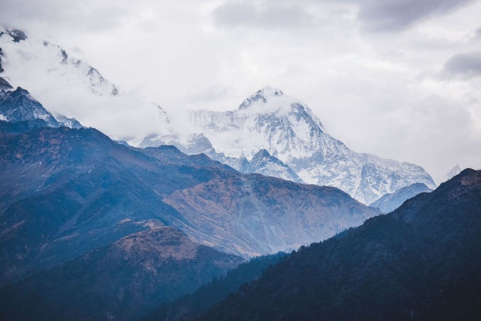 Mountain Captivating View Of Snowy Mountain Peaks In Ghode Pani, Nepal, Showcasing Natural Beauty. HD Wallpaper #3857